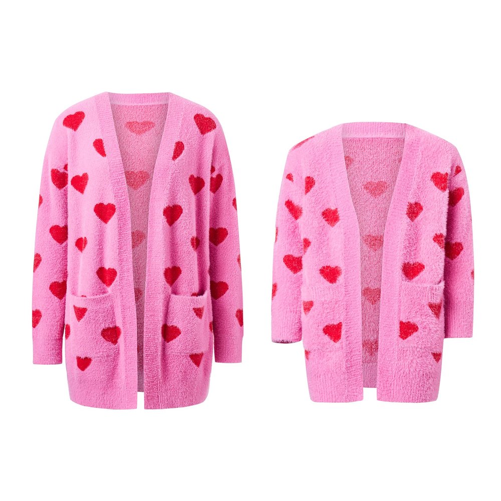 Mommy and Me Valentines Day Open Front Sweater Crewneck Long Sleeve Love Heart Cardigan Outerwear Coats (Girls, Pink, 10-11 Years)
