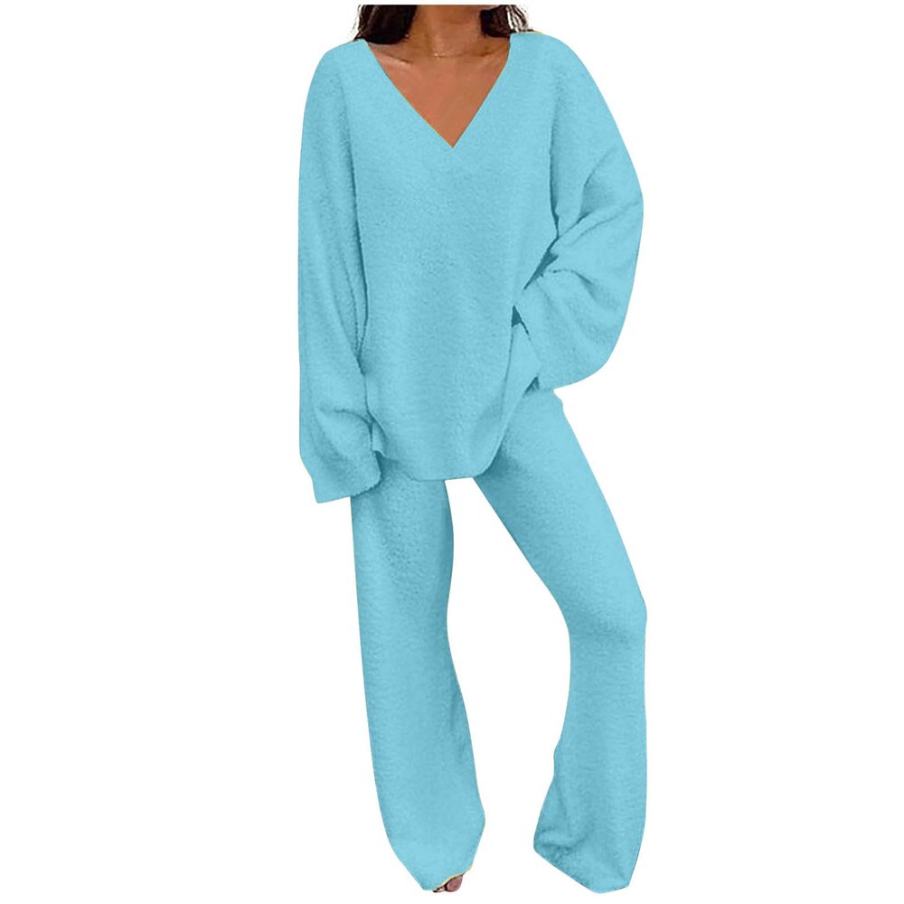 Lastesso Girls Jogger Set Two Piece Sets for Women Loose Size Loungewear Soft Long Sleeve V Neck Homewear Outfits Baggy Wid Leg Slacks Women's Lounge Set Light Blue 3X