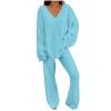 Lastesso Girls Jogger Set Two Piece Sets for Women Loose Size Loungewear Soft Long Sleeve V Neck Homewear Outfits Baggy Wid Leg Slacks Women's Lounge Set Light Blue 3X view 1
