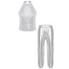 Agoky Boys Girls Hip Hop Clothes 2 Piece Dance Outfit Sequins Crop Top and Pants Modern Jazz Dancewear Tracksuit Silver 14 Years