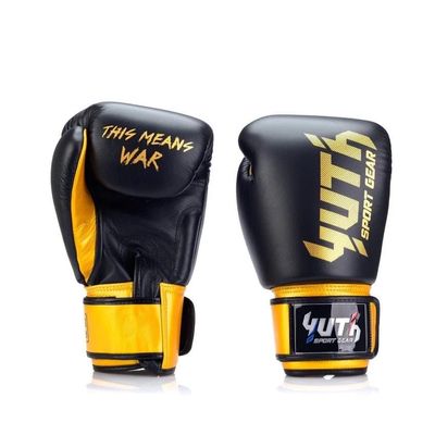Yuth Sport Gear Gold Line Muay Thai Gloves | Thai Boxing Pro Training Sparring Gloves | Light Weight Shock Absorbent MMA Kickboxing Thai Boxing Gloves | Premium Muay Thai Boxing Gloves Black/Gold, 8oz