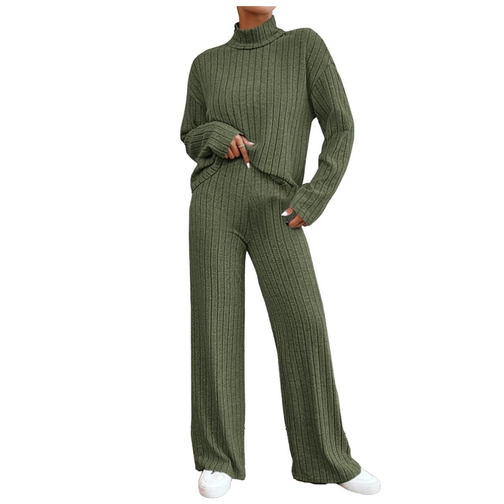 Lastesso Fuzzy Lounge Set Women Sweat Sets for Women 2 Piece High Neck Long Sleeve Pullovers Wid Leg Pants Soft Knit Solid Loungewear Outfits Sweat Suits for Girls Army Green S