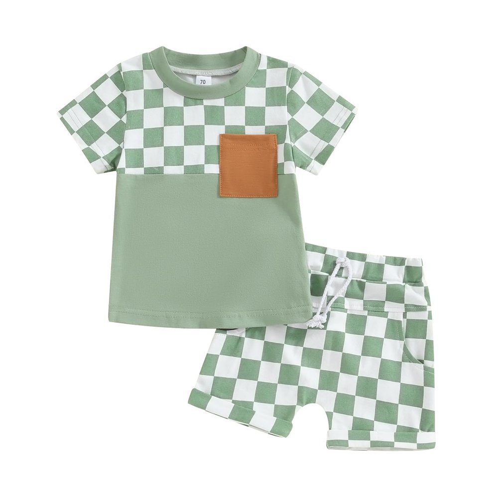 Toddler Baby Boy Summer Clothes Color Block Short Sleeve T-Shirt Tops Elastic Shorts 2Pcs Newborn Outfits (Green Plaid, 3-4 Years)