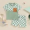 Toddler Baby Boy Summer Clothes Color Block Short Sleeve T-Shirt Tops Elastic Shorts 2Pcs Newborn Outfits (Green Plaid, 3-4 Years) view 2