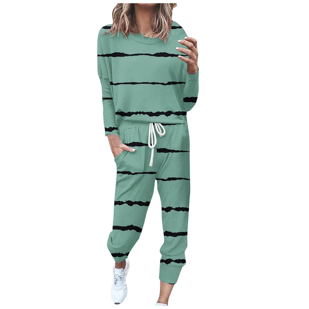 Lastesso Soft Lounge Sets for Women Track Suits for Women Set Stylish Stripes Sweatsuit Sets 2 Piece Loose Crewneck Long Sleeve Tops with Baggy Pants Womens Matching Lounge Set Green S