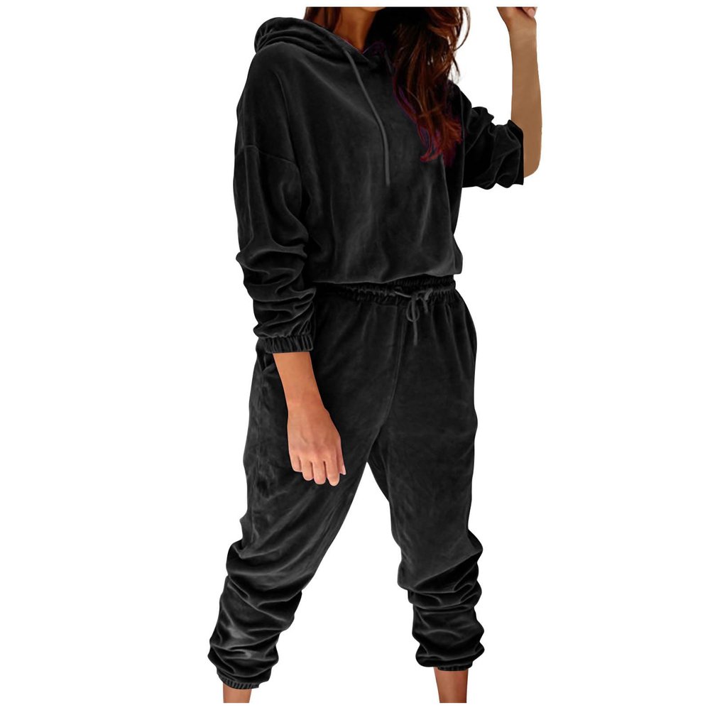 Lastesso Womens Track Suits 2 Piece Set Womens Track Suits 2 Piece Set Velour Solid Sweat Suit Long Cinch Sleeve Hoodies Elastic Cinch Bottom Pants Outfits Two Piece Workout Sets for Women Black L