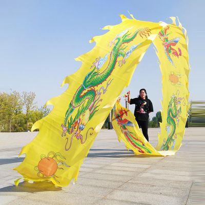 CMYUN Dragon Poi Silk Ribbon Dancer with Dragon Phoenix Pattern, Washable Gymnastics Dragon Poi Kite Streamers with Head, Adult Seniors Exercise Twirler (Color : Yellow, Size : Length - 8m/26ft)