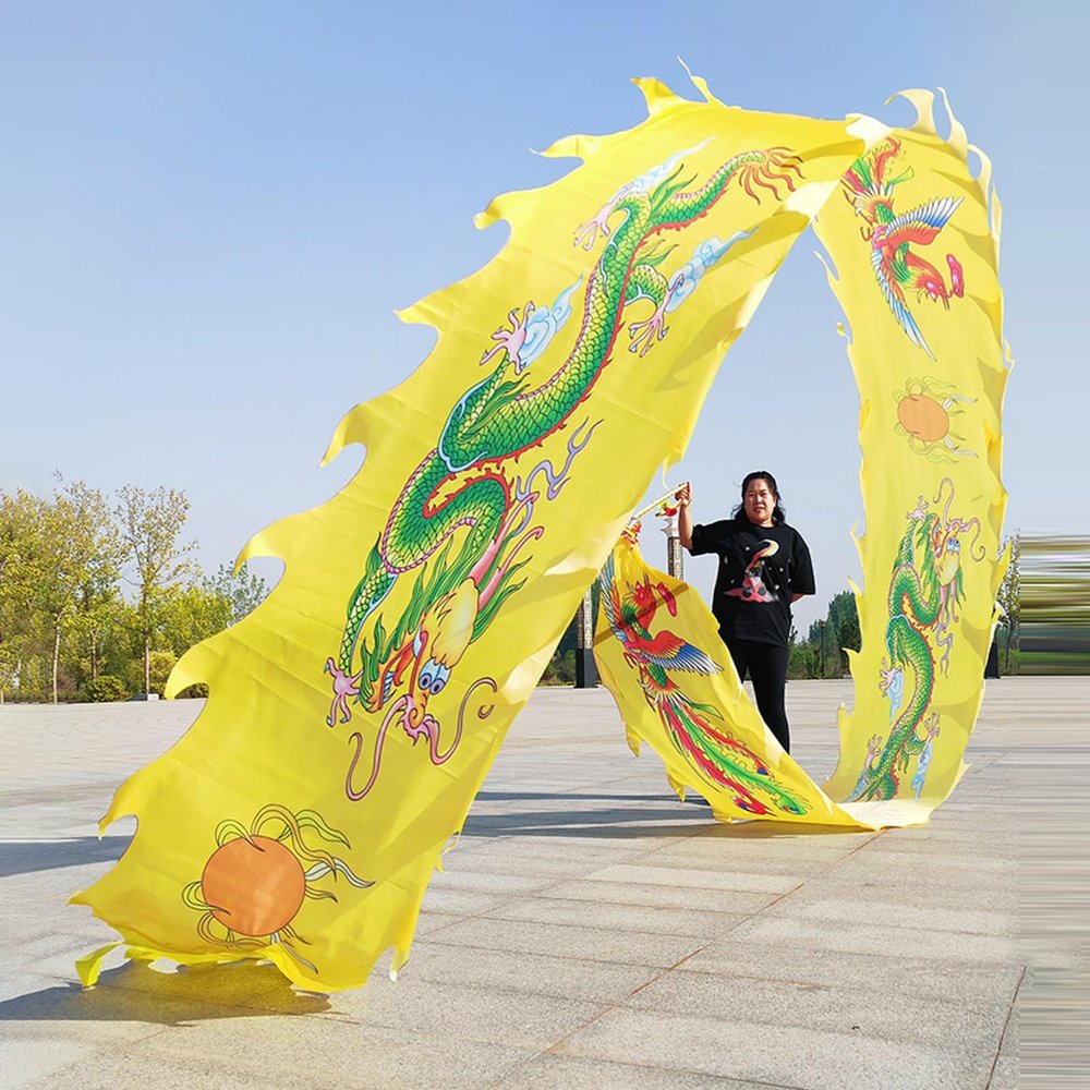 CMYUN Dragon Poi Silk Ribbon Dancer with Dragon Phoenix Pattern, Washable Gymnastics Dragon Poi Kite Streamers with Head, Adult Seniors Exercise Twirler (Color : Yellow, Size : Length - 8m/26ft)