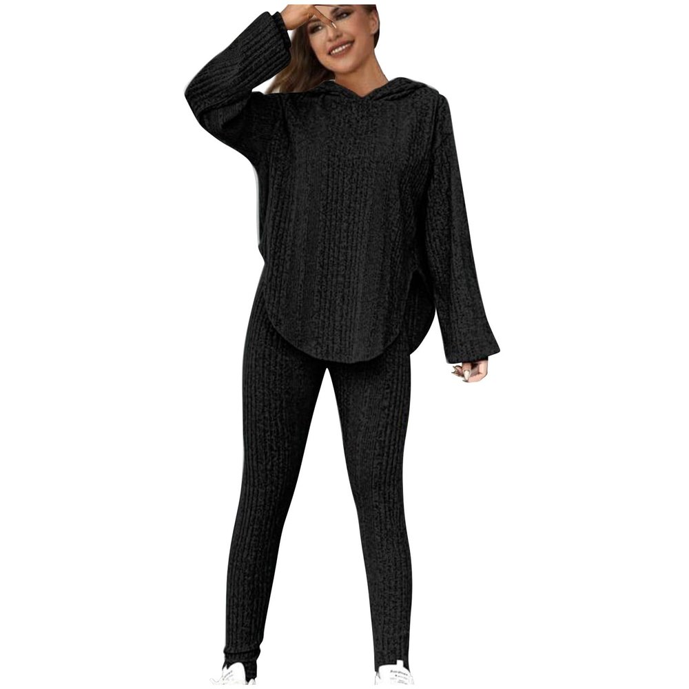 Lastesso Tracksuit Women 2 Piece Outfits Sweat Sets for Women 2 Piece Loose Crewneck Pullovers Skinny Sports Pants Gym Yoga Solid Track Suits Outfits Set Ladies Sweatsuits Black L