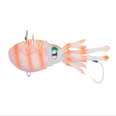 Nomad Design Squidtrex Patented Vibrating Fishing Lure- Scent Added TPE Soft Plastic Lure for Saltwater w/Strong BKK Assist Hooks, Fishing Bait that Catches Many Species, 170mm, 8 3/4oz- Orange Tiger