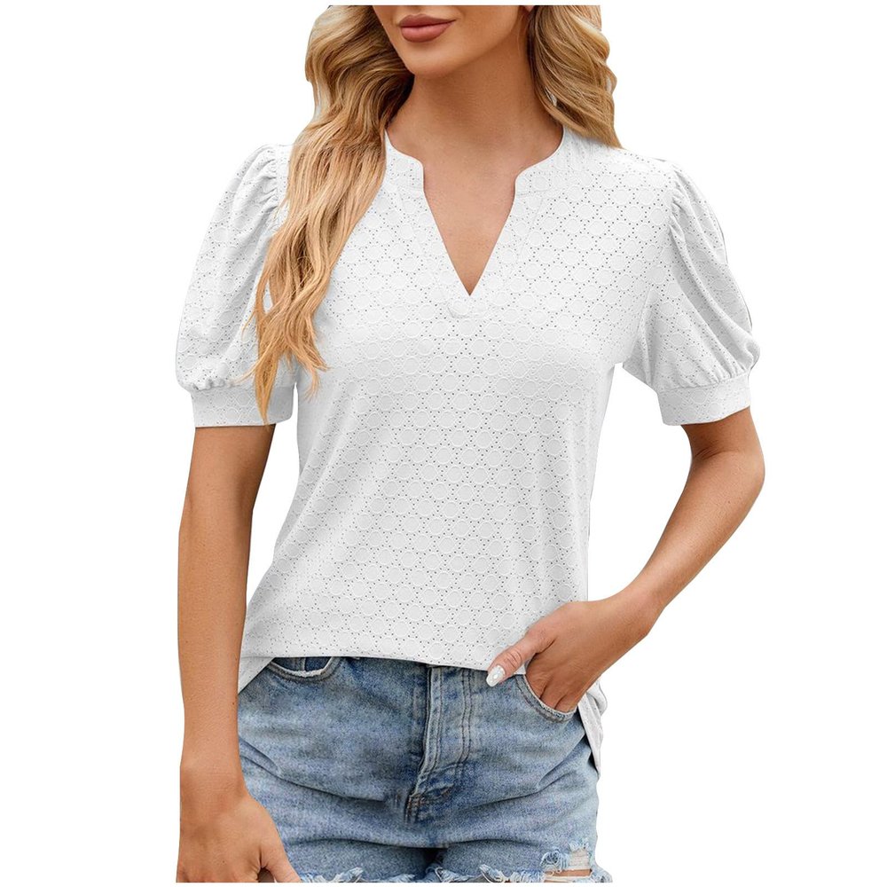 Women's Classic-Fit Lightweight Short-Sleeve T-Shirts Tops V-Neck Casual Dressy Ladies Business Basic Blouses Tunics White