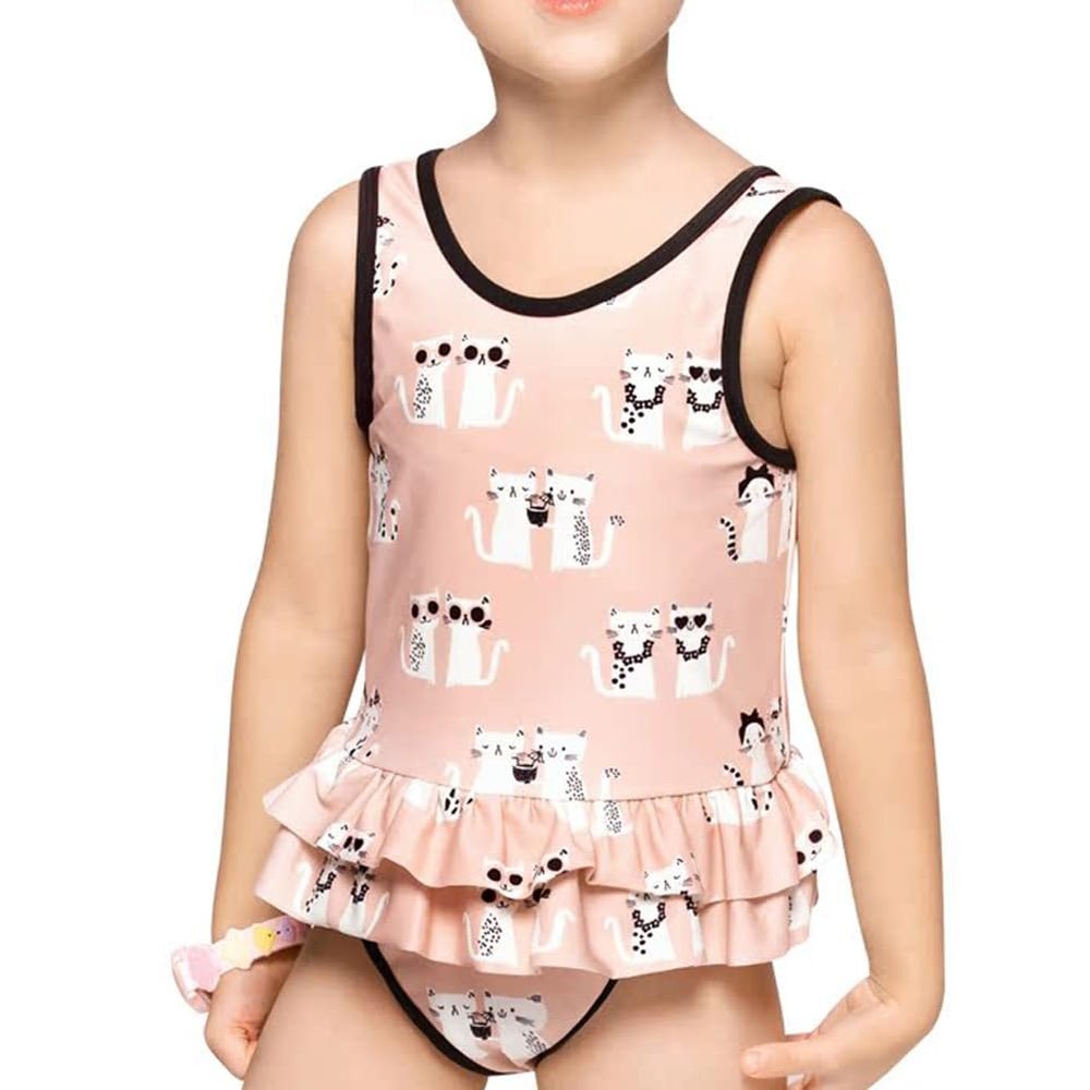Julysand Girls One-Piece Swimsuit Dress Pink Coasy Cat Kitty Swimwear Ruffle Bow Bathing Suits for Toddler Girls wlt18G007-2y