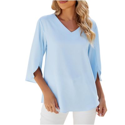 3/4 Length Sleeve Womens Tops V-Neck Shirts Casual Pullover Lightweight Tee Shirts Tops Fashion Ladies Blouses Tunics Blue