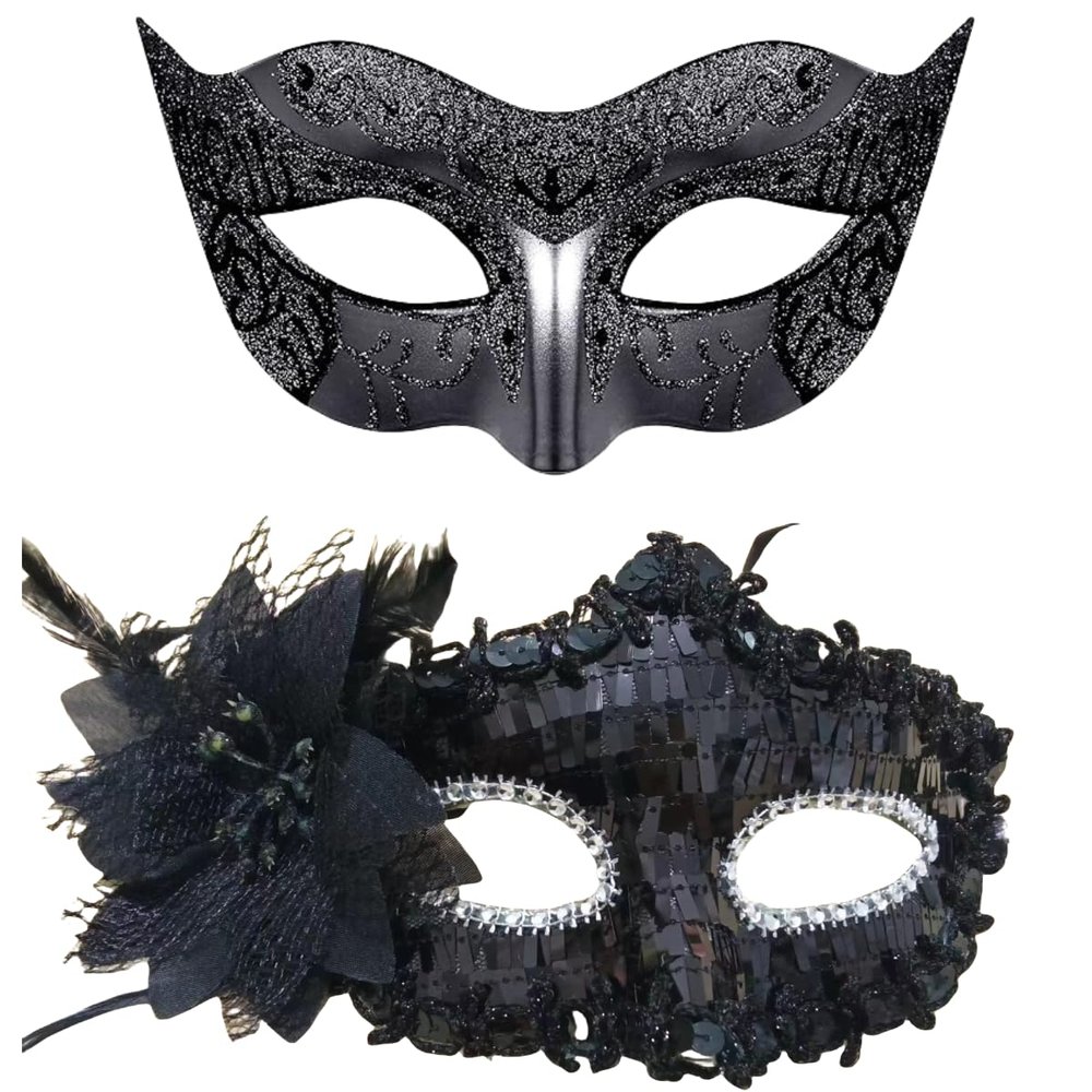 fjygwx13 Couple Masquerade Masks Set, Venetian Party Masks for Women Men, Shiny Rhinestone Eyemask for Halloween Prom Mardi Gras