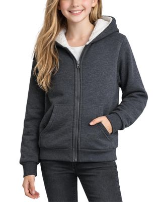 Coney Island Girls Hoodie - Cozy Soft Fleece Sherpa Lined Hoodie Zip Up Sweatshirt for Girls - Size Up for Better Fit, Size 5-6, Charcoal/Ecru