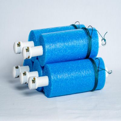 Dougs Fishing Jugs with Nylon Lines and Hooks for Catfish and Other Fish Set of 5, Heavy-Duty and Reusable Jumbo Noodles with PVC, Easy to Spot Colors - Two Hook Variation (Blue, 15 ft)
