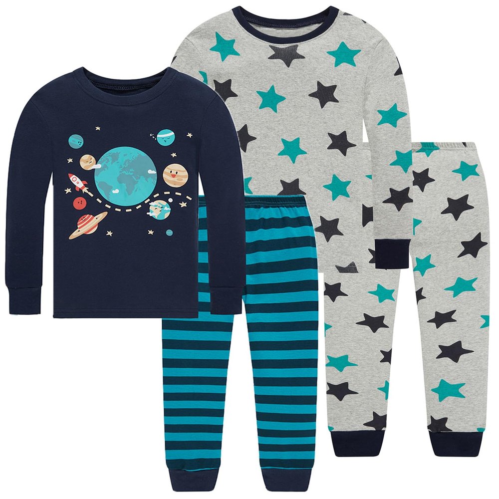 Little bety Boys Soft&Comfortable 4 Pieces Cotton Pjs Star Pajamas Long Sleeve Space Pjs Kids Sleepwear Size 5 Dark Blue&Grey&Peacock Blue