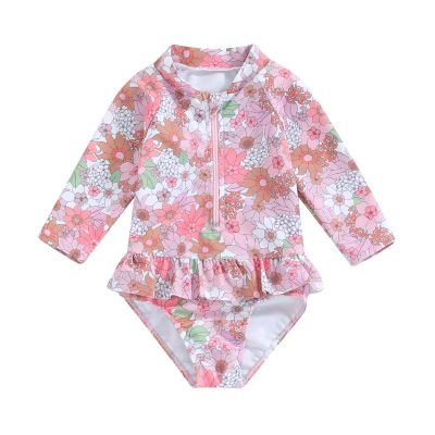 Toddler Baby Girl One Piece Swimsuit Long Sleeve Floral/Tie Dye Bathing Suit Ruffle Swimwear Beachwear 6M-6T (Floral Pink, 3-4 Years)