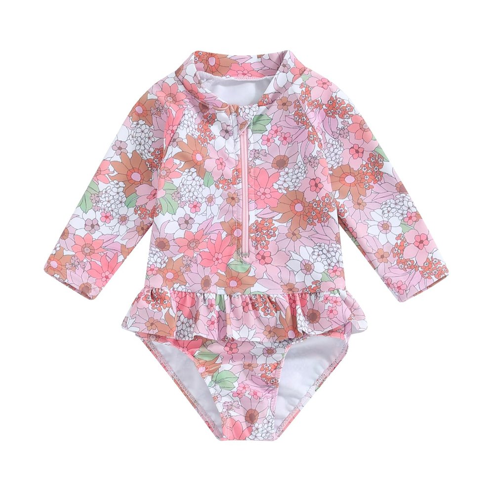 Toddler Baby Girl One Piece Swimsuit Long Sleeve Floral/Tie Dye Bathing Suit Ruffle Swimwear Beachwear 6M-6T (Floral Pink, 3-4 Years)