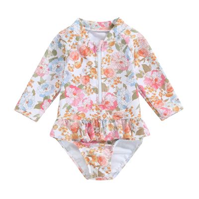 Toddler Baby Girl One Piece Swimsuit Long Sleeve Floral/Tie Dye Bathing Suit Ruffle Swimwear Beachwear 6M-6T (Floral Gold, 2-3 Years)