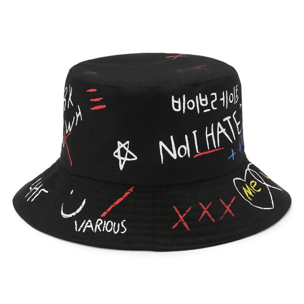 Alphabet Fisherman Hat, Hand-Painted Bucket Hat, Creative Couple Travel Hat, Graffiti Heart Sun Hat Sunscreen Hat (Black,Cotton)
