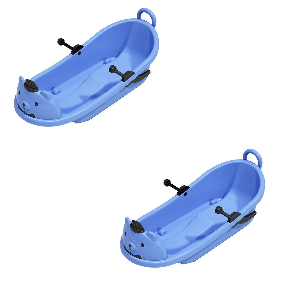 Children's Cartoon Bear Sledge, Plastic Winter Sledge, Sledge with 2 Handles and Pull Rope, Thick Wear-Resistant Sledge