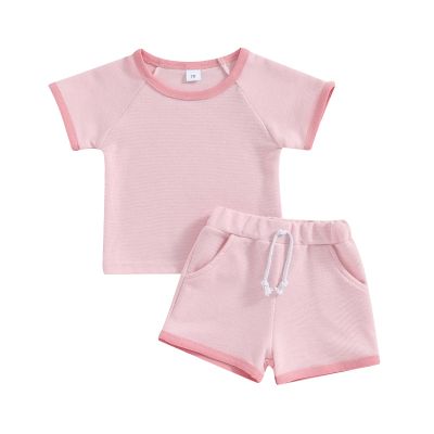 Afunbaby Baby Girl Boy Clothes Summer Waffle Solid Short Sleeve T Shirt and Short Set Cute Toddler Girls Outfit Clothing (A-Pink, 6-12 Months)