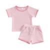 Afunbaby Baby Girl Boy Clothes Summer Waffle Solid Short Sleeve T Shirt and Short Set Cute Toddler Girls Outfit Clothing (A-Pink, 6-12 Months) view 1