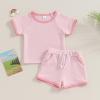 Afunbaby Baby Girl Boy Clothes Summer Waffle Solid Short Sleeve T Shirt and Short Set Cute Toddler Girls Outfit Clothing (A-Pink, 6-12 Months) view 2