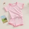 Afunbaby Baby Girl Boy Clothes Summer Waffle Solid Short Sleeve T Shirt and Short Set Cute Toddler Girls Outfit Clothing (A-Pink, 6-12 Months) view 3