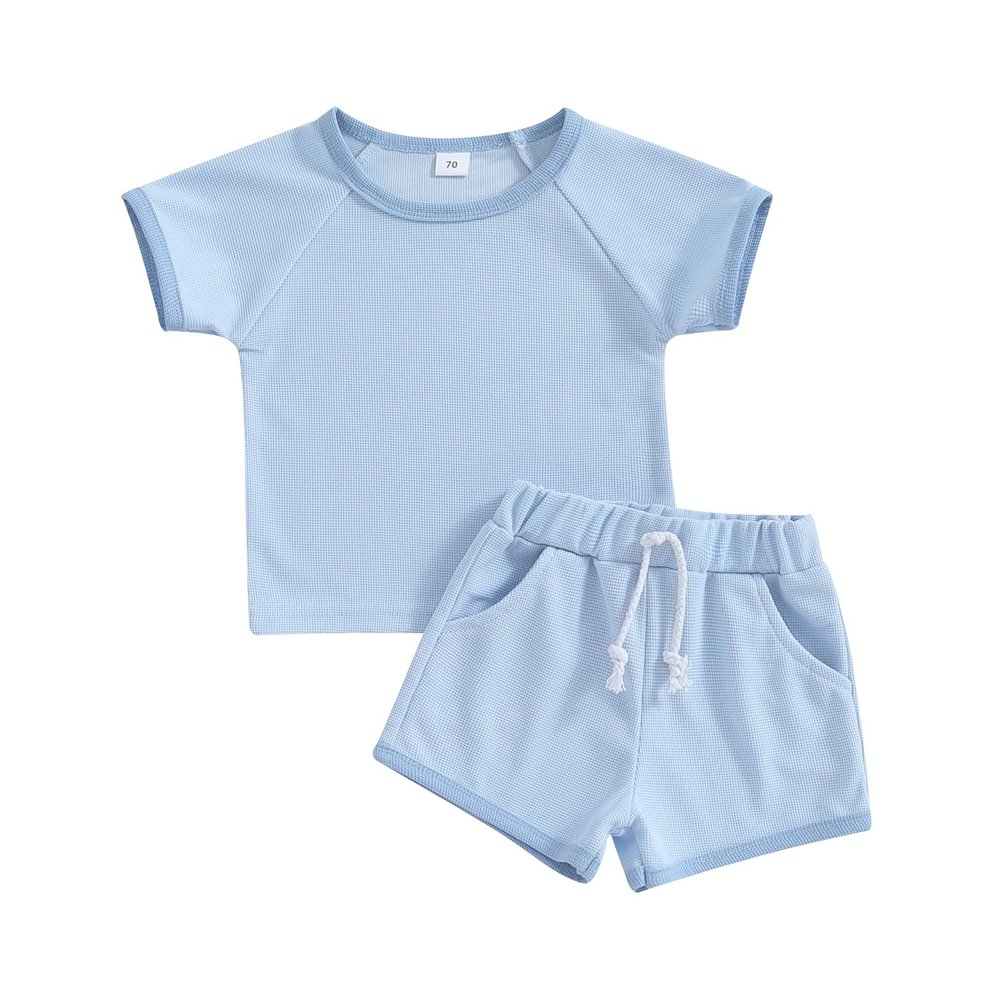 Afunbaby Baby Girl Boy Clothes Summer Waffle Solid Short Sleeve T Shirt and Short Set Cute Toddler Girls Outfit Clothing (A-Blue, 0-6 Months)