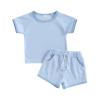 Afunbaby Baby Girl Boy Clothes Summer Waffle Solid Short Sleeve T Shirt and Short Set Cute Toddler Girls Outfit Clothing (A-Blue, 0-6 Months) view 1