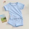 Afunbaby Baby Girl Boy Clothes Summer Waffle Solid Short Sleeve T Shirt and Short Set Cute Toddler Girls Outfit Clothing (A-Blue, 0-6 Months) view 3