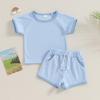 Afunbaby Baby Girl Boy Clothes Summer Waffle Solid Short Sleeve T Shirt and Short Set Cute Toddler Girls Outfit Clothing (A-Blue, 2-3 Years) view 2