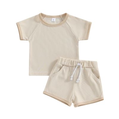 Afunbaby Baby Girl Boy Clothes Summer Waffle Solid Short Sleeve T Shirt and Short Set Cute Toddler Girls Outfit Clothing (A-Khaki, 0-6 Months)