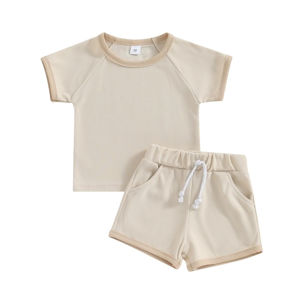 Afunbaby Baby Girl Boy Clothes Summer Waffle Solid Short Sleeve T Shirt and Short Set Cute Toddler Girls Outfit Clothing (A-Khaki, 0-6 Months)