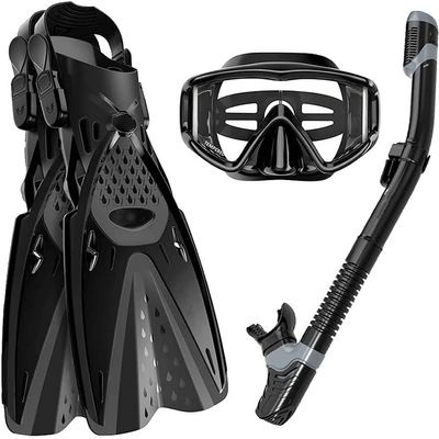 Snorkel Set, for Adults with Adjustable Dive Flippers, Panoramic View Anti-Fog Mask, Dry Top Snorkel and Dive Socks, Snorkeling Gear Mask Fin for Snorkeling Swimming Scuba Diving
