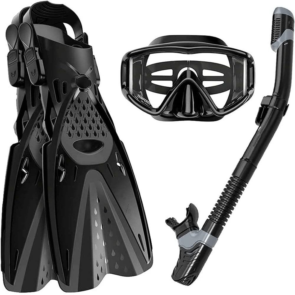 Snorkel Set, for Adults with Adjustable Dive Flippers, Panoramic View Anti-Fog Mask, Dry Top Snorkel and Dive Socks, Snorkeling Gear Mask Fin for Snorkeling Swimming Scuba Diving