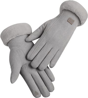 BKEKM Mittens Gloves Simple Suede Cycling Gloves Velvet Solid Winter Gloves Color Fur Cuff Gloves for Women Outdoor Warm Gloves