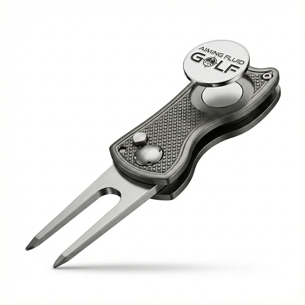Aiming Fluid Golf Divot Repair Tool Precision Switchblade Design, CNC-Machined Metal Body, Magnetic Ball Marker, Zero-Wobble Hinge Premium Golf Accessory (Gunmetal Grey)