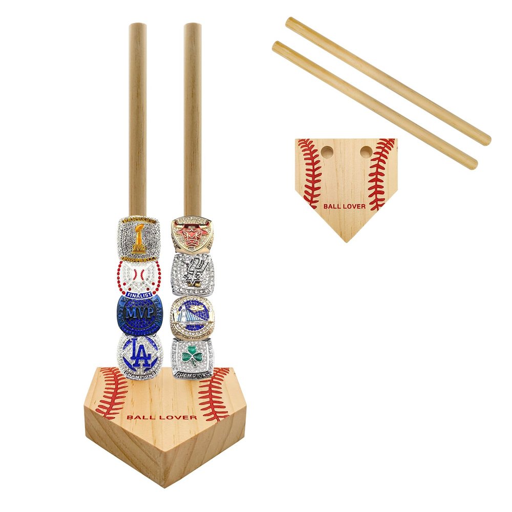 ZRINION Wooden Stacked Baseball Softball Tournament Championship Ring Display Holder with Engraved Laces,Baseball Gifts for Kids,Friends,Ball Lovers,Man Cave Decor