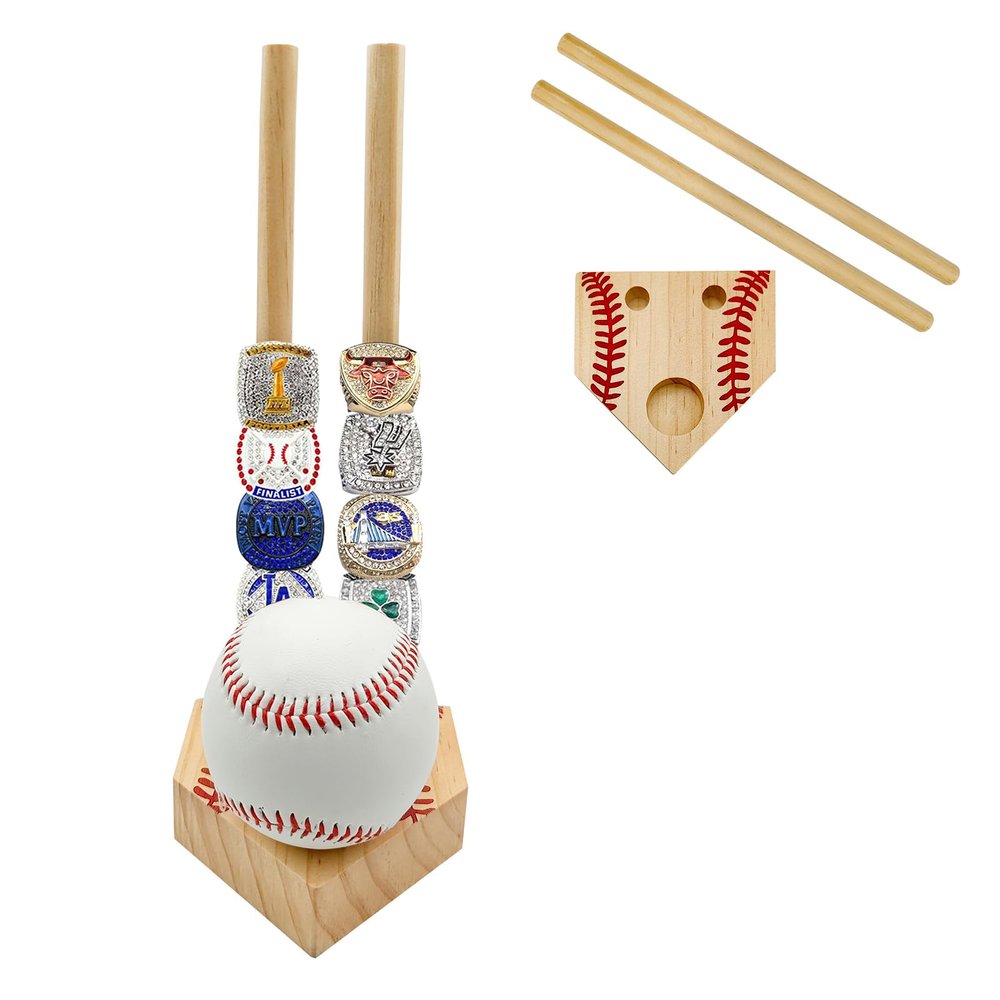 ZRINION Wooden Stacked Baseball Softball Tournament Championship Ring Display Holder with Engraved Laces,Baseball Gifts for Kids,Friends,Ball Lovers,Man Cave