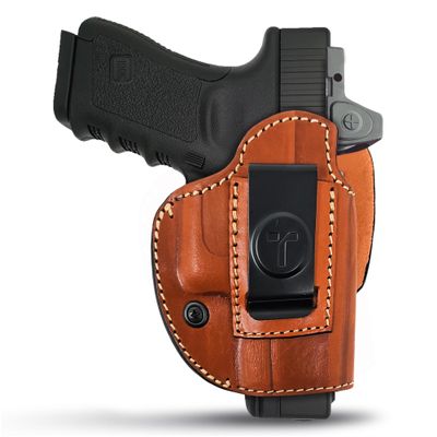 Brown 4 in 1 Multi Position IWB/OWB Leather Holster Optic Ready. for Most Glock Full Size 9 mm .40 S&W Sig P320 Walther. Concealed Urban Carry Gun Leather Holster for Pistols