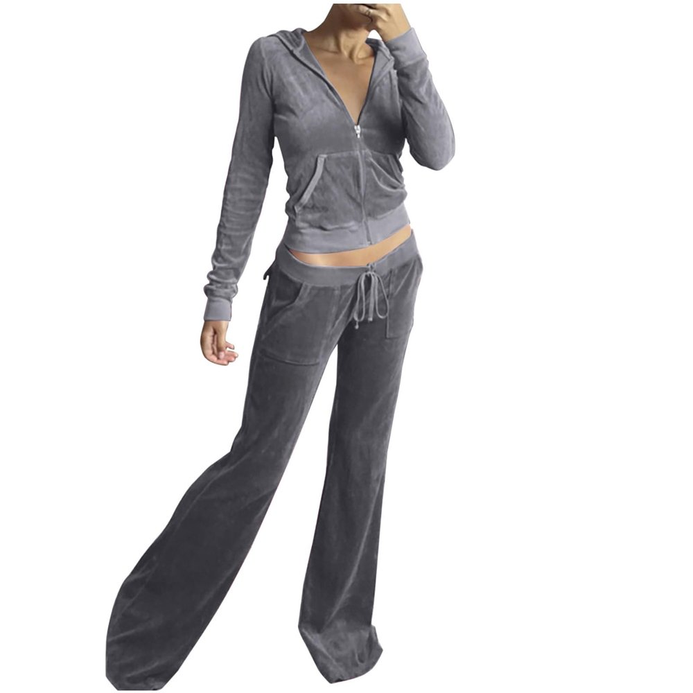 Uillui Womens Acitve Velour Tracksuit Set Y2K Teen Girls Trendy Clothing Zip Crop Hoodie Workout Pants Sweatsuit Jogging Set