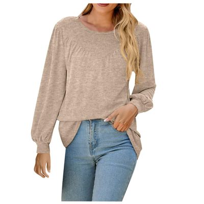 Long Sleeve Tops for Women Crewneck Sweatshirt Casual Slim Fit Shirts Lightweight Pullover Solid Dressy Blouse Tunics Beige