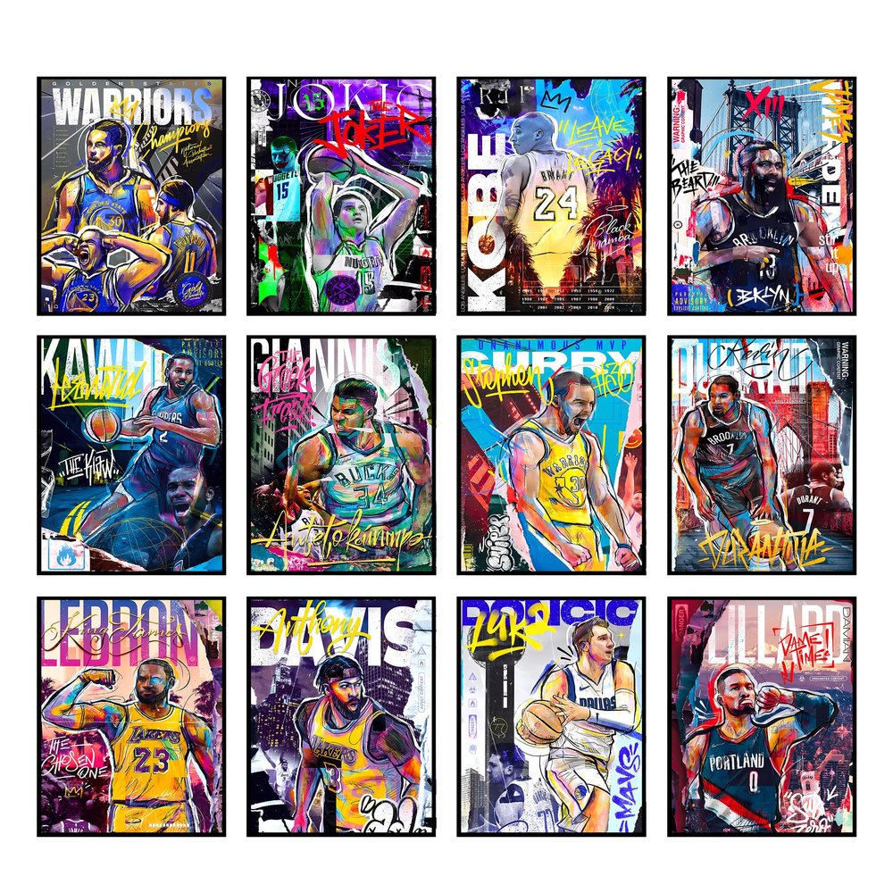 BigWig Prints Basketball Posters - Nba Posters, Basketball Room Decor, Nba Room Decor, Steph Curry, Kobe Bryant Wall Art, Kevin Durant, Lebron Wall Art, Warriors, Lakers - Unframed Set of 12 (8x10)