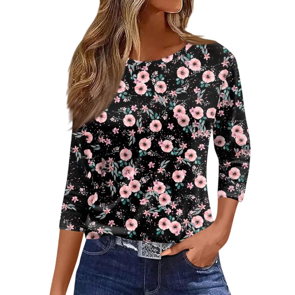 3/4 Length Sleeve Womens Tops Dressy Casual Blouses - Spring Fashion 2026 Plus Size Crew Neck Fitted Tshirt - Business Teacher Going Out Trendy Tops Tunics for Leggings 03-Pink 4X-Large