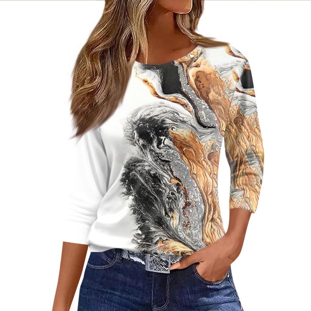 3/4 Length Sleeve Womens Tops Dressy Casual Blouses - Spring Fashion 2026 Plus Size Crew Neck Fitted Tshirt - Business Teacher Going Out Trendy Tops Tunics for Leggings 05-White Medium