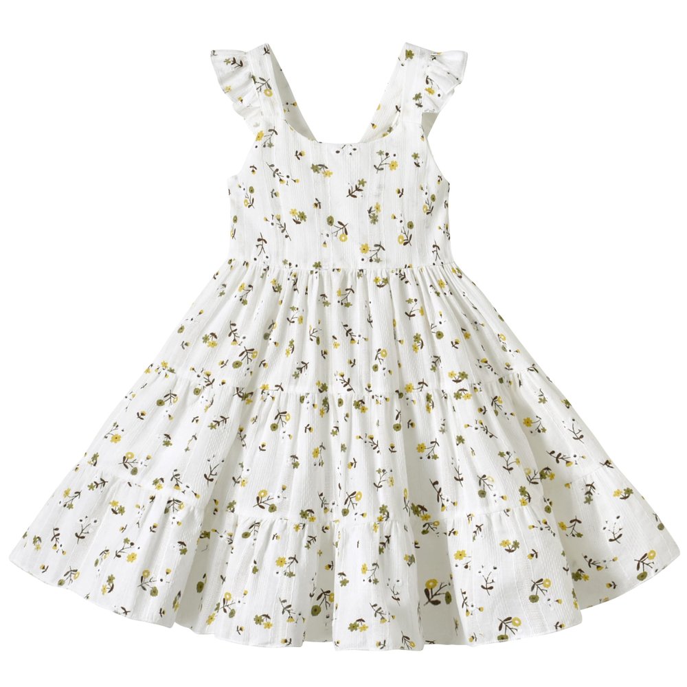 ALINTU Toddler Girls Dress Sleeveless Princess Beach Ruffle Sundress, White Floral 4-5T