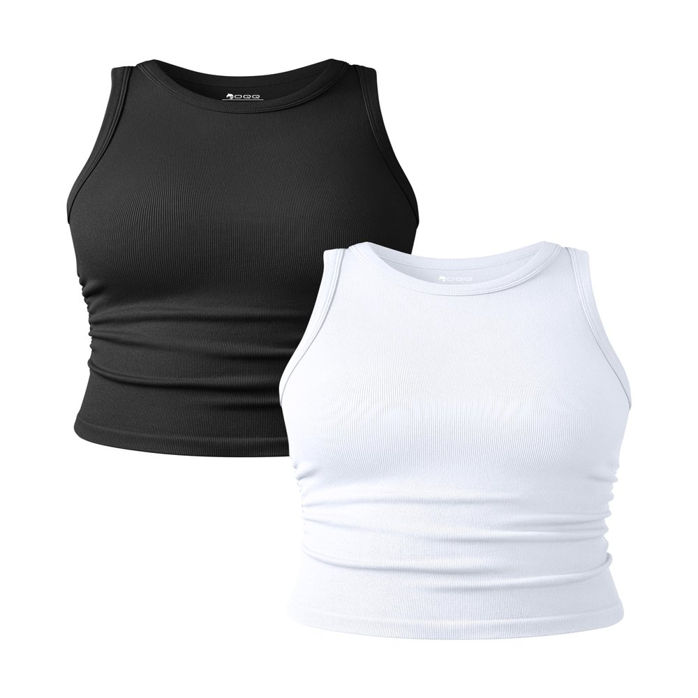 OQQ Women's 2 Piece Tank Tops Crew Neck Sleeveless Basic Stretch Casusal Yoga Crop Camis Black White